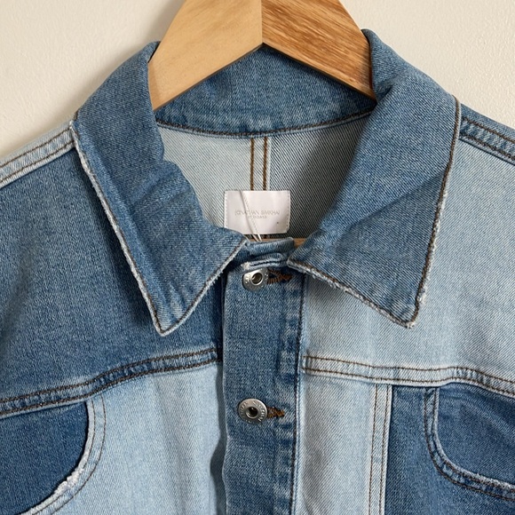 JONATHAN SIMKHAI STANDARD Mirage Patchwork Distressed Denim Blue Jean Jacket - Picture 4 of 17